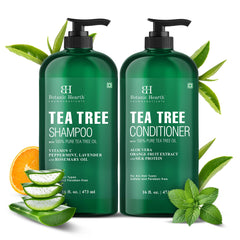 Botanic Hearth Tea Tree Conditioner bottle demonstrates smoothing, detangling benefits.