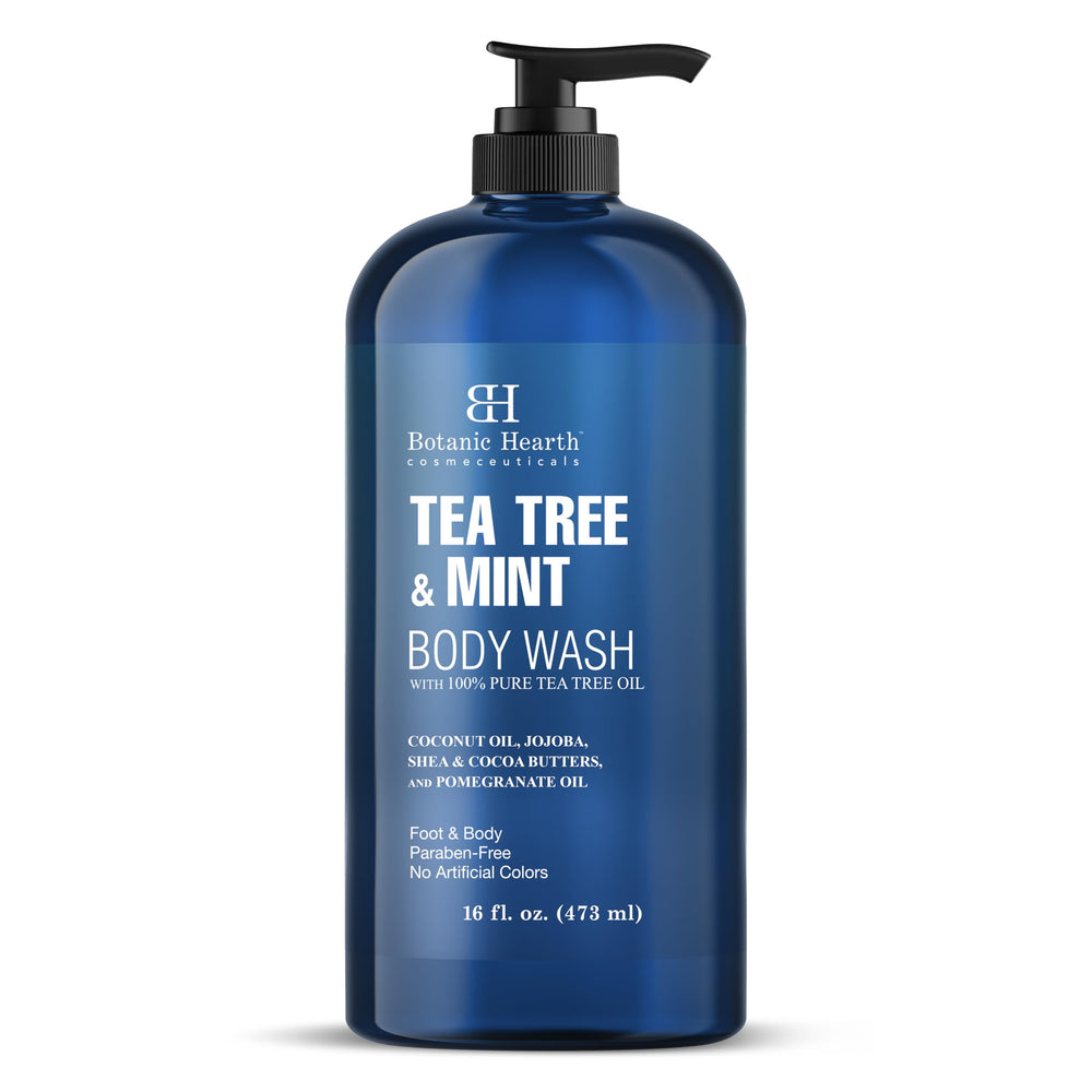 Botanic Hearth Tea Tree Oil Body Wash bottle front label with mint infusion for refreshing cleanse