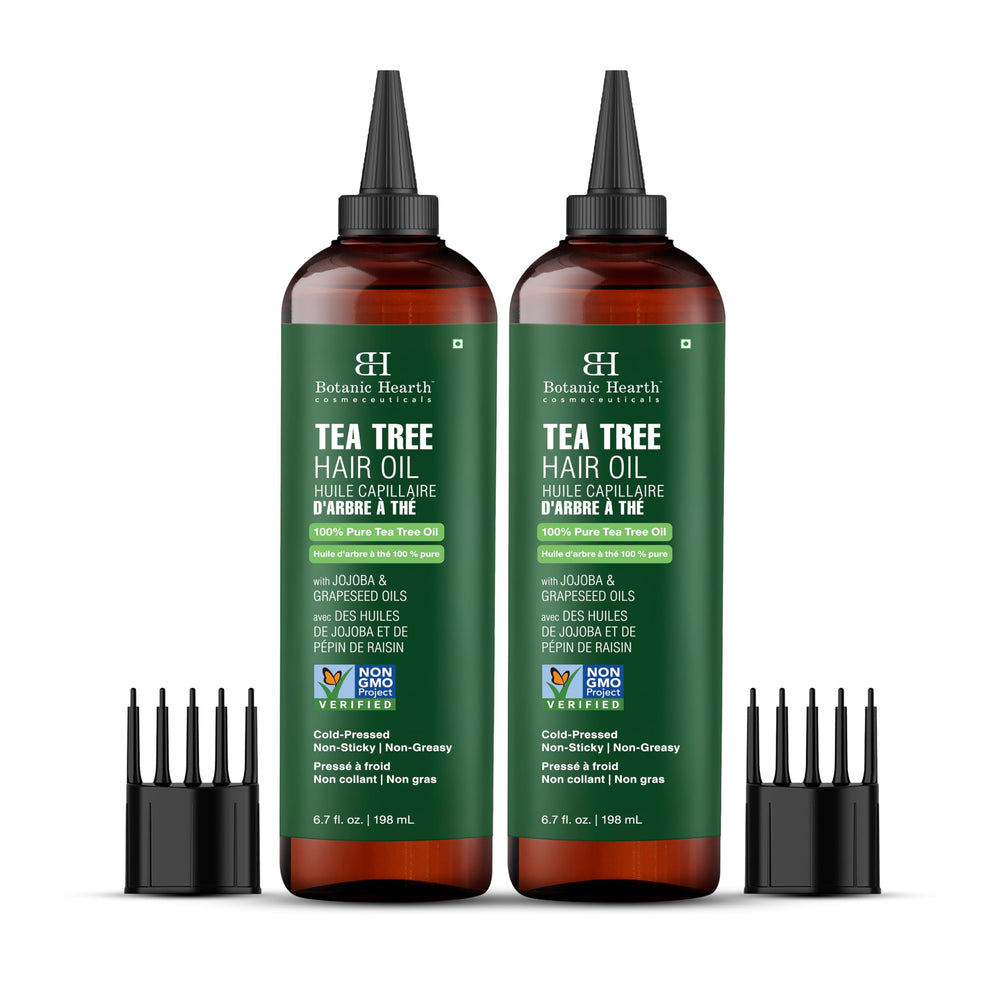 Botanic Hearth Tea Tree Oil bottle offers scalp refreshment with jojoba and grapeseed oils.