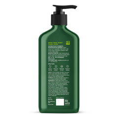 Botanic Hearth Tea Tree Shampoo bottle label highlighting dandruff control benefits.