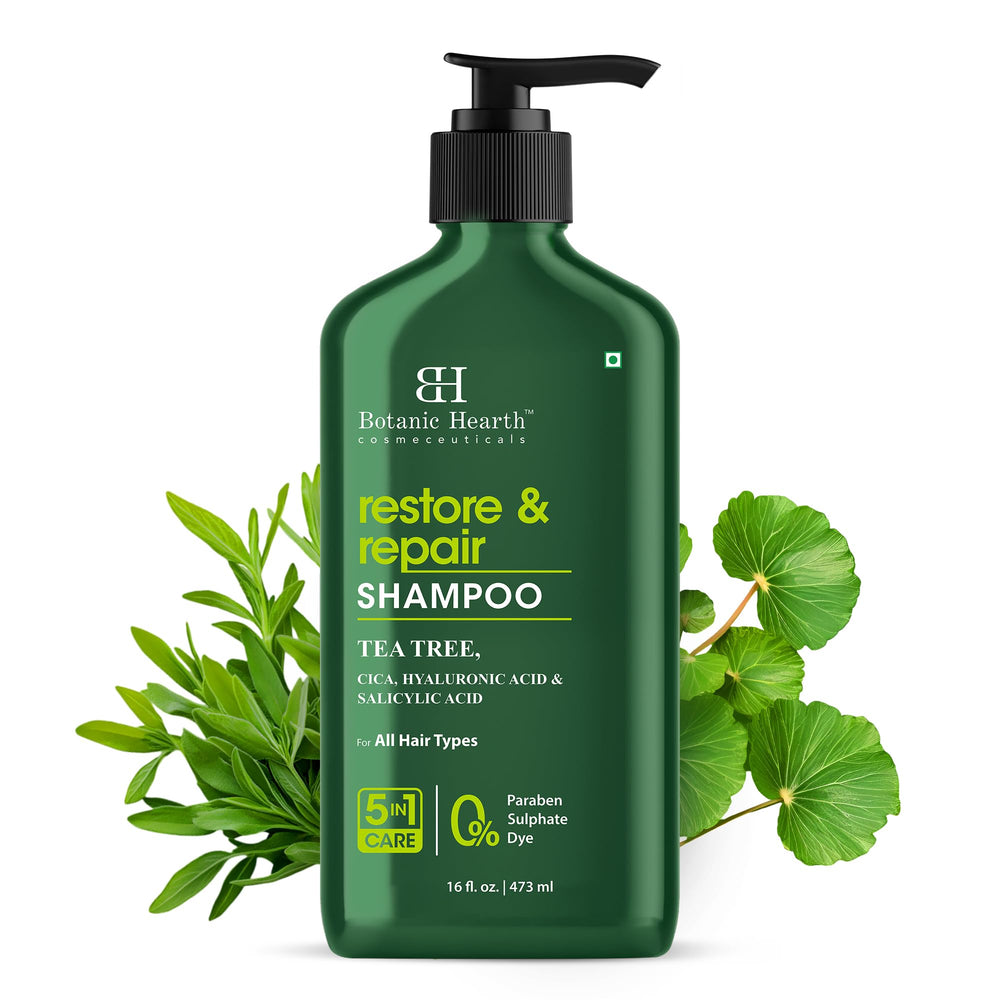 Botanic Hearth Tea Tree Shampoo pour bottle - clarifying scalp cleanse.