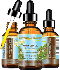 Botanical Beauty Kiwi Seed Oil bottle pour for daily hydration and quick absorption.