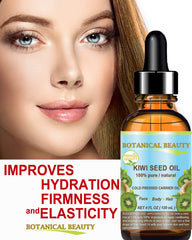 Botanical Beauty Kiwi Seed Oil applied on skin for lightweight moisture and fast absorption.