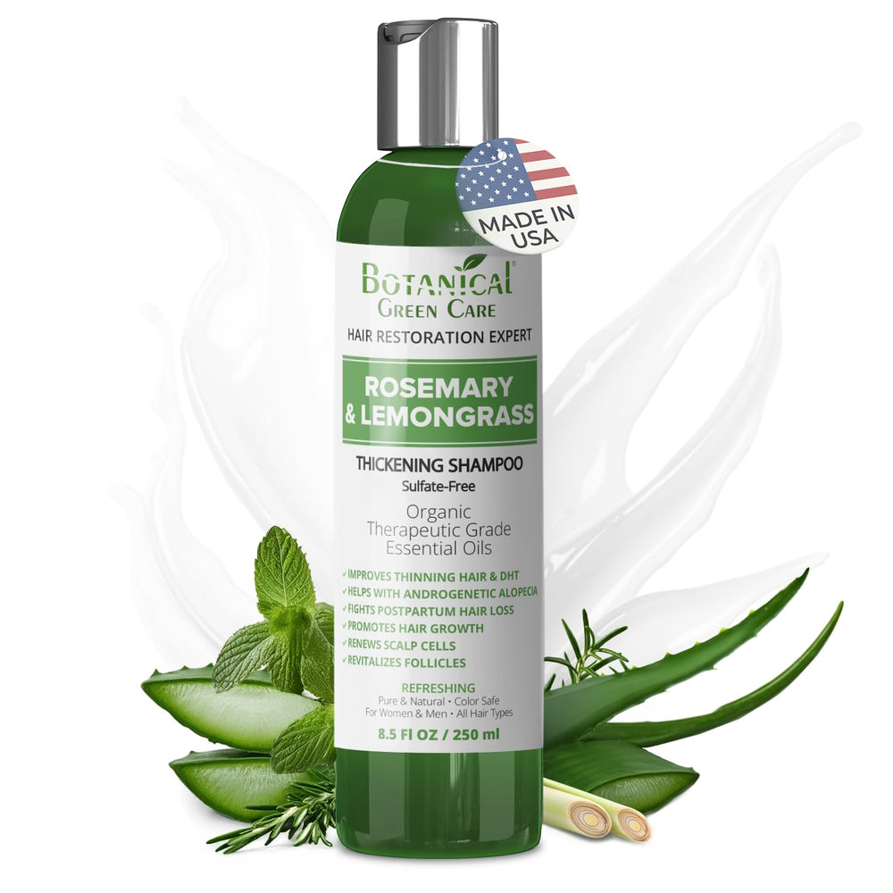 Botanical Green Care Rosemary-Lemongrass Shampoo bottle signaling thinning-hair support