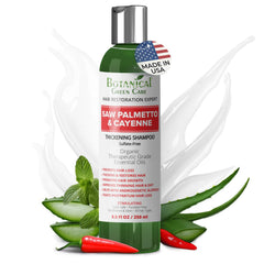 Botanical Green Care Saw Palmetto Cayenne Shampoo bottle promotes fuller-looking hair