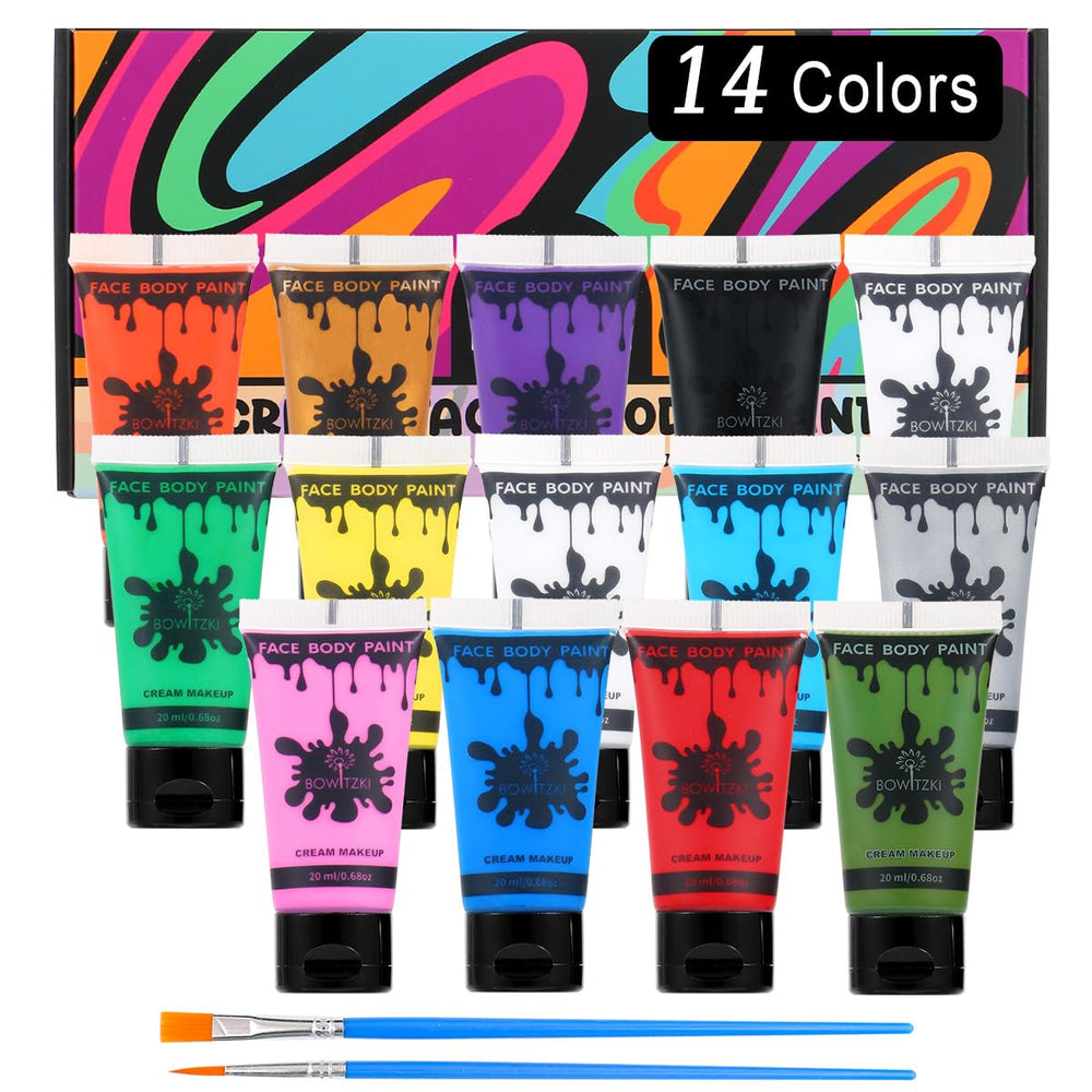 Bowitzki 14-color face paint set tubes for vibrant costuming and stage makeup.