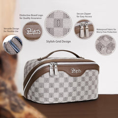 BOYATU checkered cosmetic organizer in PU leather offers waterproof protection and elegance.
