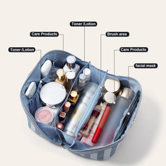 BOYATU travel makeup bag blue divider system keeps items separated for quick access.