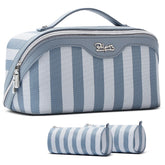 BOYATU travel makeup bag blue outside view shows durable PU leather ideal for travel storage.