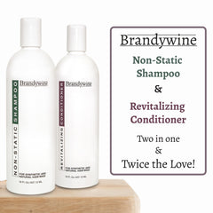 Brandywine Non Static Conditioner bottle pour detangles and reduces frizz on hair fibers.