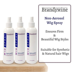 Brandywine wig spray bottle close-up shows easy daily refresh for synthetic and natural wigs.