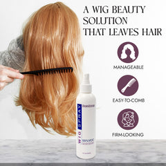 Brandywine wig spray on wig demonstrates refreshing, deodorizing, and flyaway-taming action.