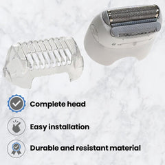 Braun replacement epilator head components laid out: blade, trim cap, closing cap.