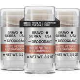 Bravo Sierra aluminum-free deodorant 3-pack packaging for all-day freshness.