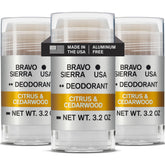 Bravo Sierra aluminum-free deodorant 3-pack display with all-day protection.