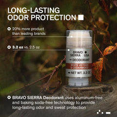 Bravo Sierra deodorant application underarms demonstrates clear glide and stain-free wear