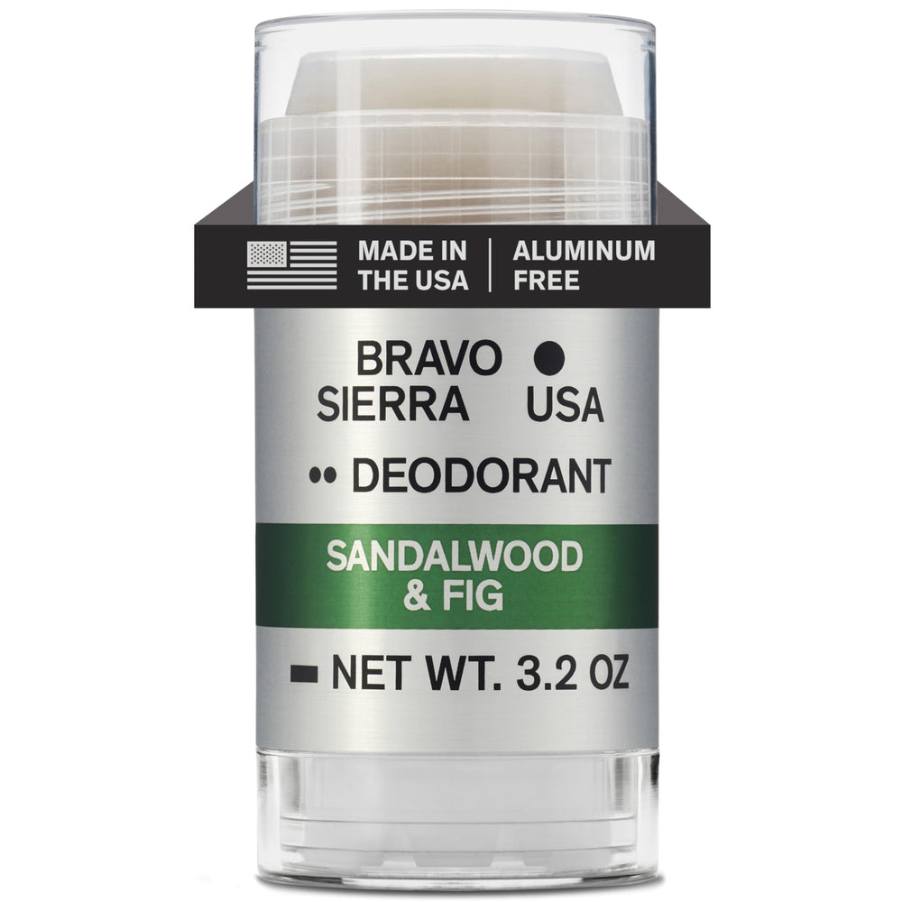 Bravo Sierra deodorant bottle front with sandalwood-fig scent for daily freshness.