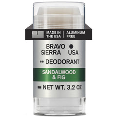 Bravo Sierra deodorant bottle front with sandalwood-fig scent for daily freshness.