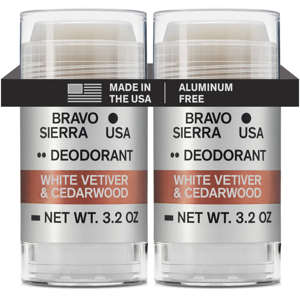 Bravo Sierra deodorant two-pack packaging shows aluminum-free design for protection