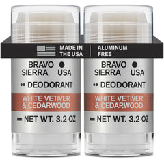 Bravo Sierra deodorant two-pack packaging shows aluminum-free design for protection