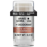 Bravo Sierra aluminum-free deodorant bottle with White Vetiver & Cedarwood scent for long-lasting protection