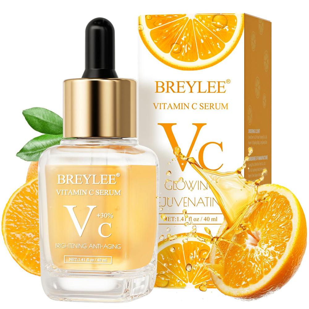 BREYLEE Vitamin C Serum face bottle pour shows easy morning application for brighter skin