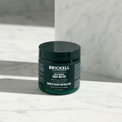 Brickell Men's Smooth Brushless Shave Butter packaging front signals easy daily use