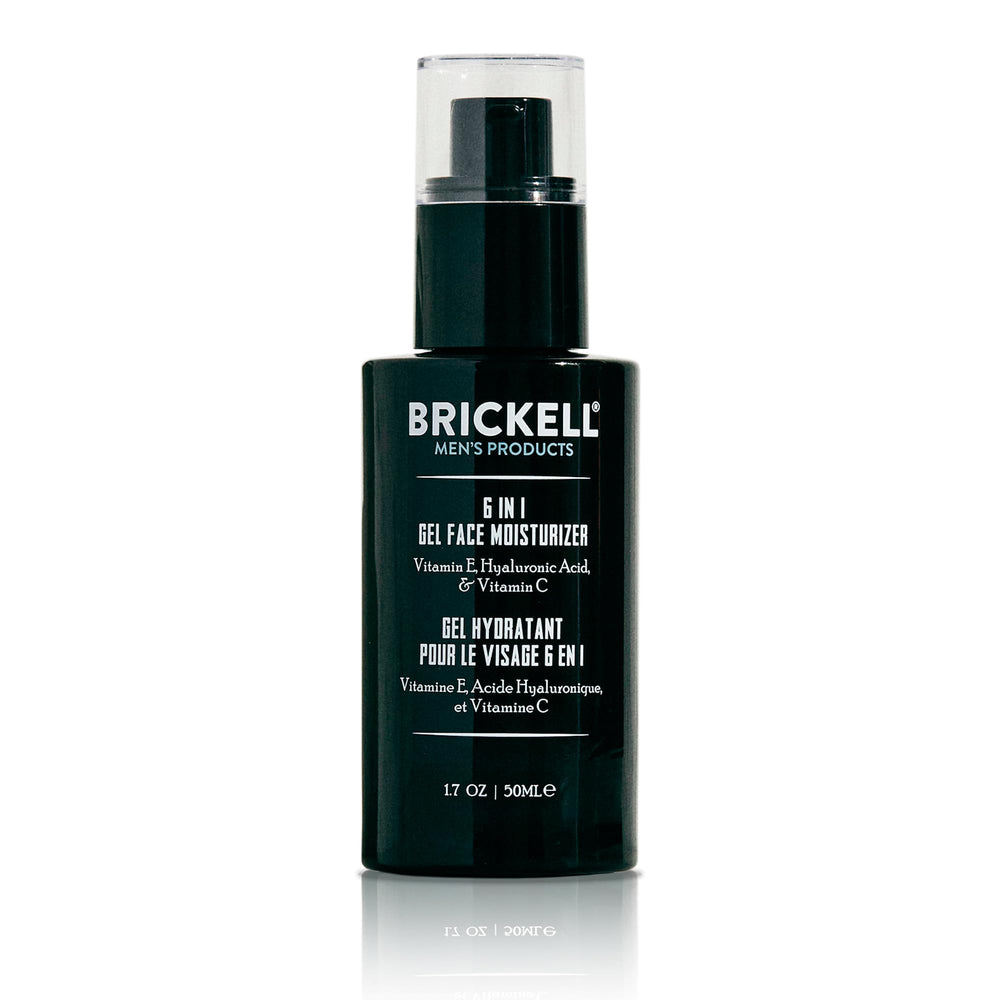 Brickell Men's 6 in 1 moisturizer bottle—daily hydration for clear, comfortable skin.