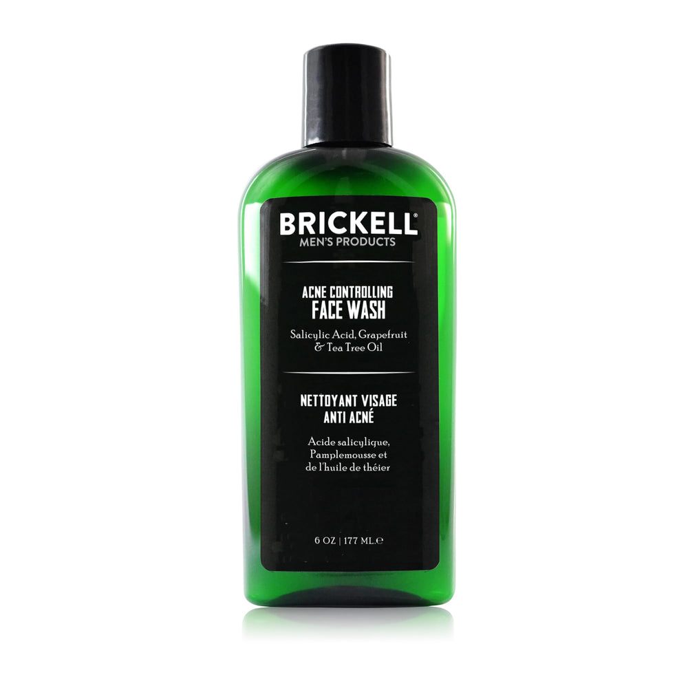 Brickell Men's Acne Face Wash bottle closeup highlighting natural formula and 2% salicylic acid for clear pores