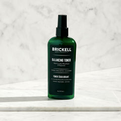 Brickell Men's Balancing Toner label closeup shows natural and organic ingredients