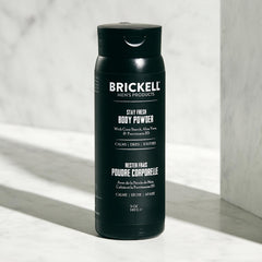 Brickell Stay Fresh packaging shown for talc-free, unscented daily use.