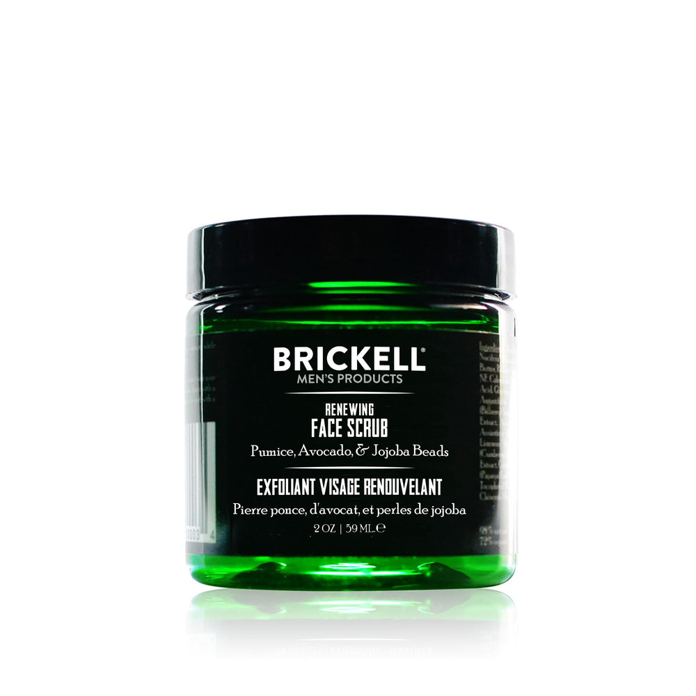 Brickell Men's Renewing Face Scrub jar closeup showing texture for refreshed skin.