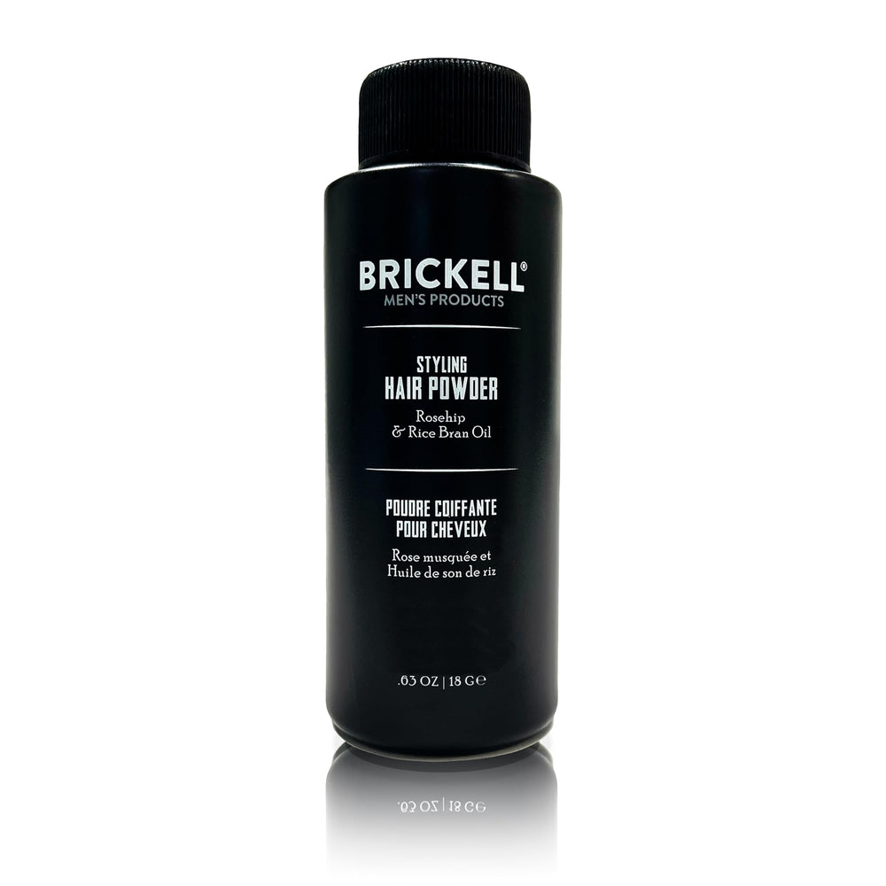 Brickell Men's Styling Hair Powder front packaging shows fragrance-free volume boost.