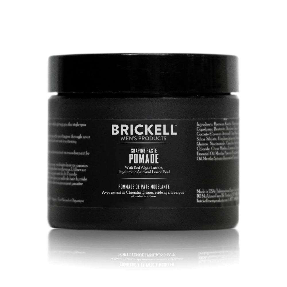 Brickell Shaping Paste Pomade 2oz packaging shows natural ingredients and compact design.