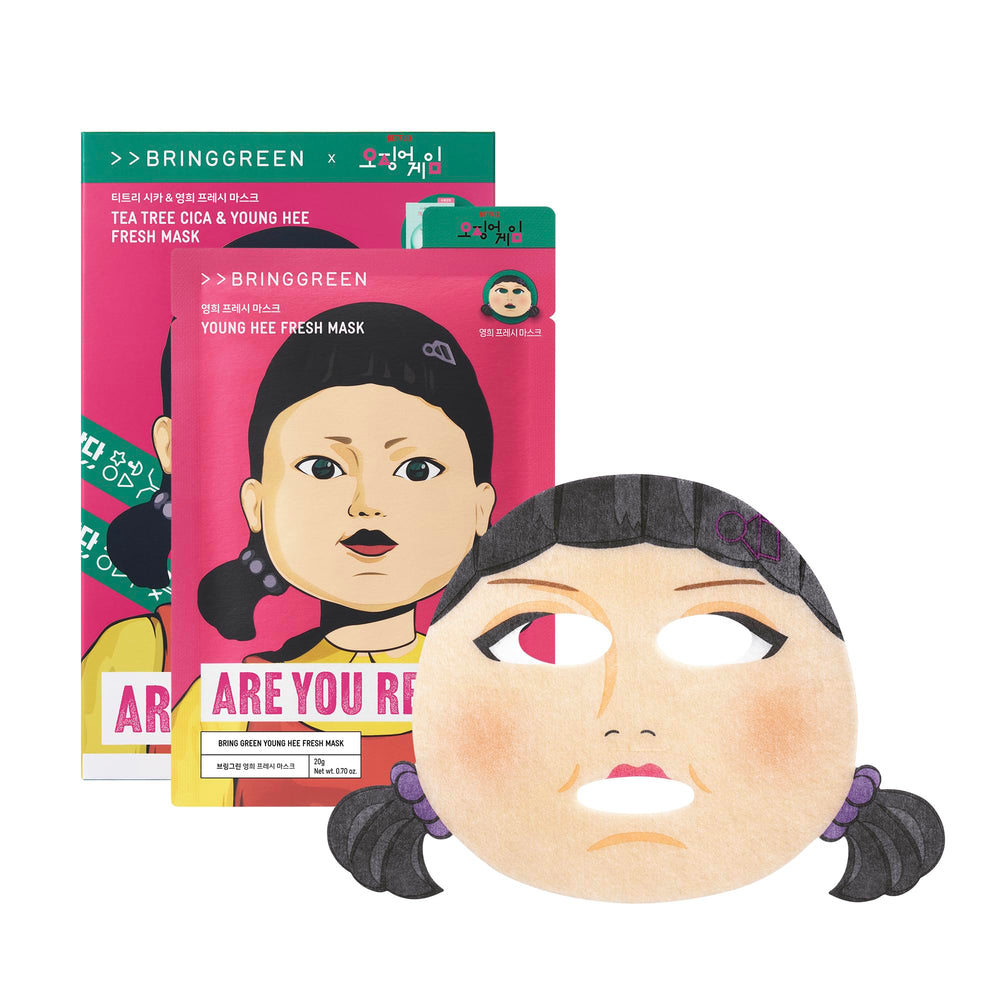 BRING GREEN Squid Game edition tea tree cica mask packet delivers calming hydration for sensitive skin.