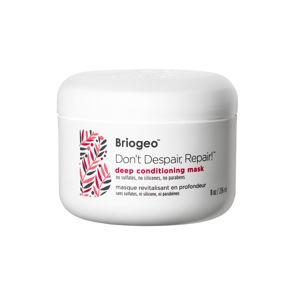 Briogeo Don't Despair, Repair Mask jar shows creamy texture for deep conditioning.