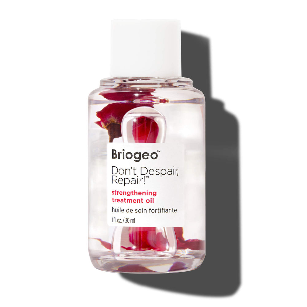 Briogeo Don't Despair, Repair! oil bottle closeup highlighting nourishing formula