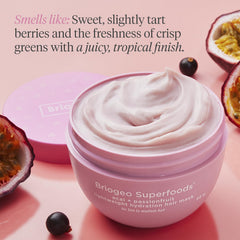 Briogeo Superfoods mask on hair showing shine and bounce after use.