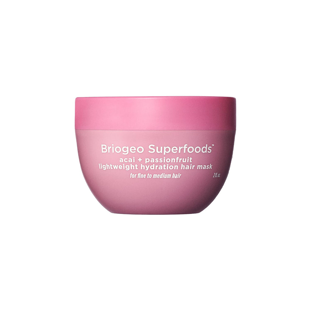 Briogeo packaging for Superfoods Acai + Passionfruit signals vegan hydration for fine hair