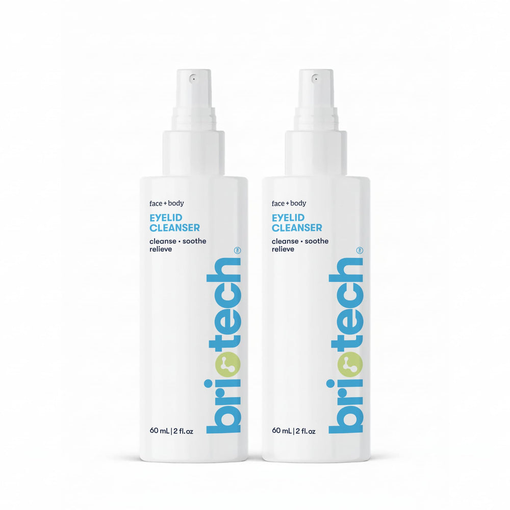 BRIOTECH Eyelid Cleanser bottle close-up showing HOCl formula for daily use.