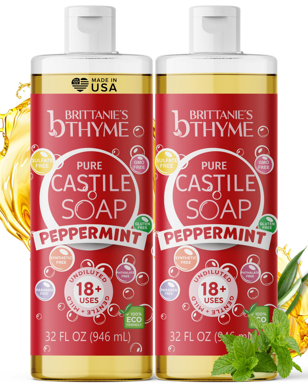 Brittanie's Thyme Pure Castile Peppermint bottle 32oz for body and home cleaning.