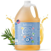 Brittanie's Thyme castile refill bottle shows unscented versatile cleanser for face and dishes.