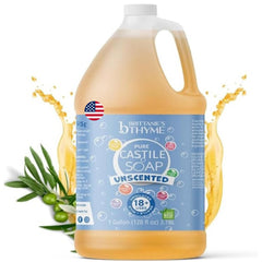Brittanie's Thyme castile refill bottle shows unscented versatile cleanser for face and dishes.