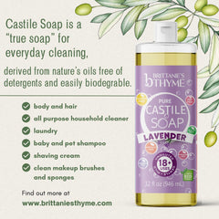 Brittanie’s Thyme Castile soap refill label closeup shows natural ingredients.