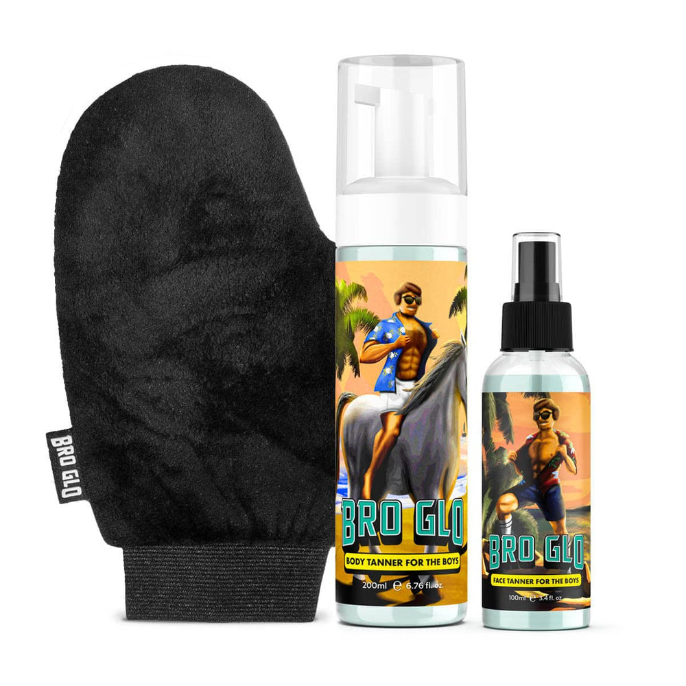 Bro Glo self tanner bottle with mitt delivers an even, natural-looking face and body tan.