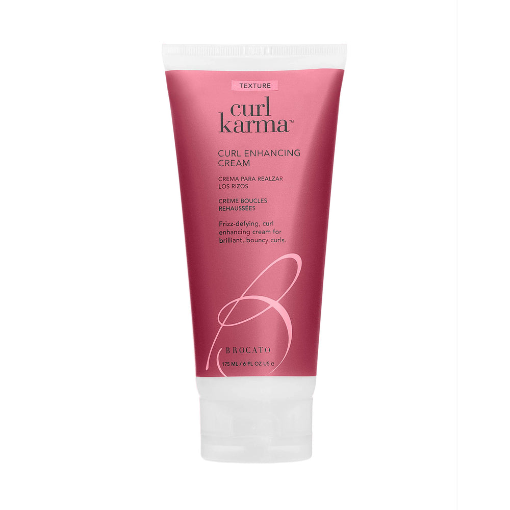 Brocato Curl Karma bottle closeup showing defining curl cream for frizz control.