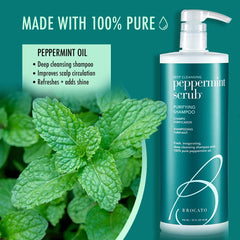 Brocato Peppermint Scrub Purifying Shampoo closeup highlights peppermint oil and moisture