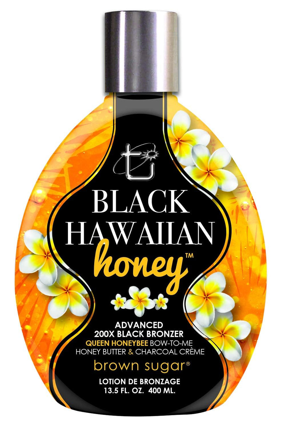 Brown Sugar Black Hawaiian Honey Advanced 200X bronzer bottle highlights deep bronze color possibility.