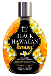 Brown Sugar Black Hawaiian Honey Advanced 200X bronzer bottle highlights deep bronze color possibility.