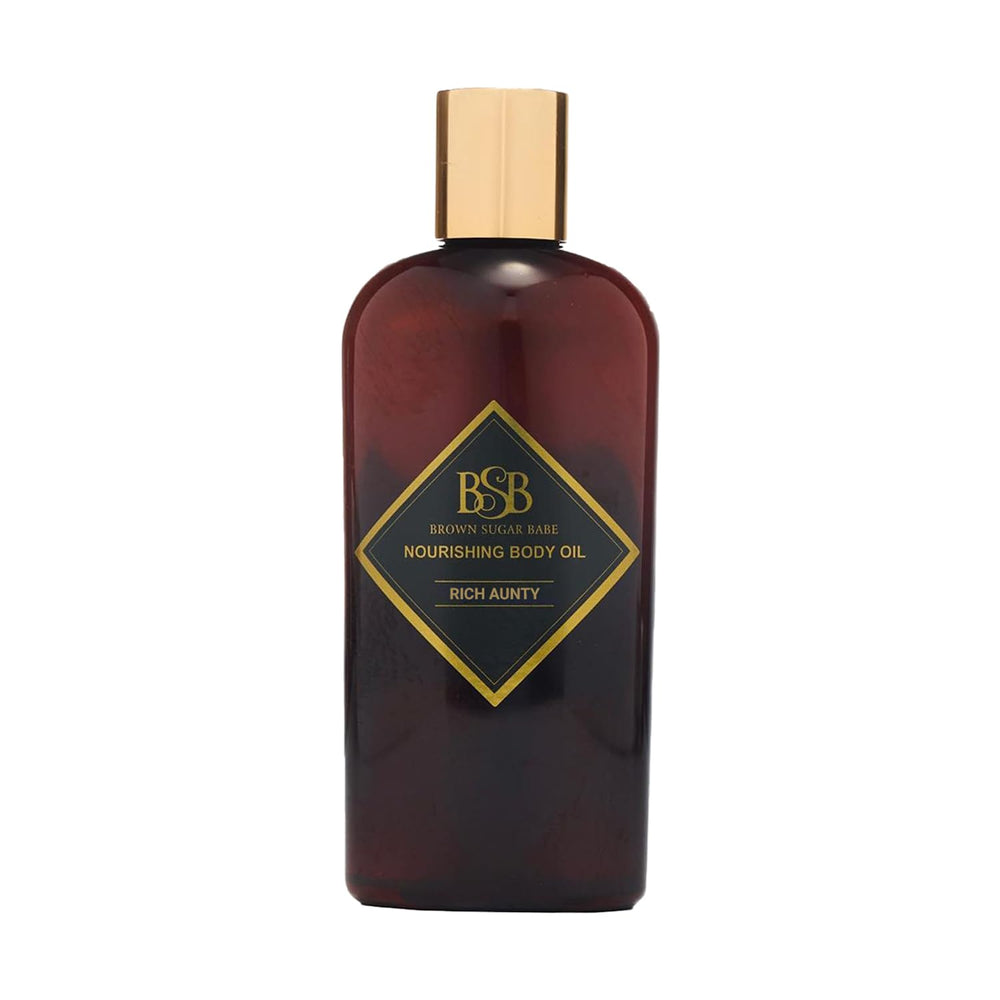 Brown Sugar Babe Rich Aunty Oil bottle close-up showing lightweight skin nourishment.